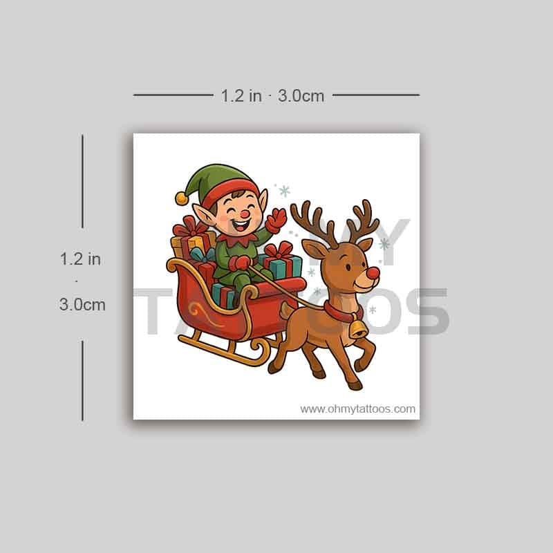 OHMYTATTOOS Jolly Elf Sleigh Ride with Reindeer and Gifts Temporary Tattoo(Set of 3)
