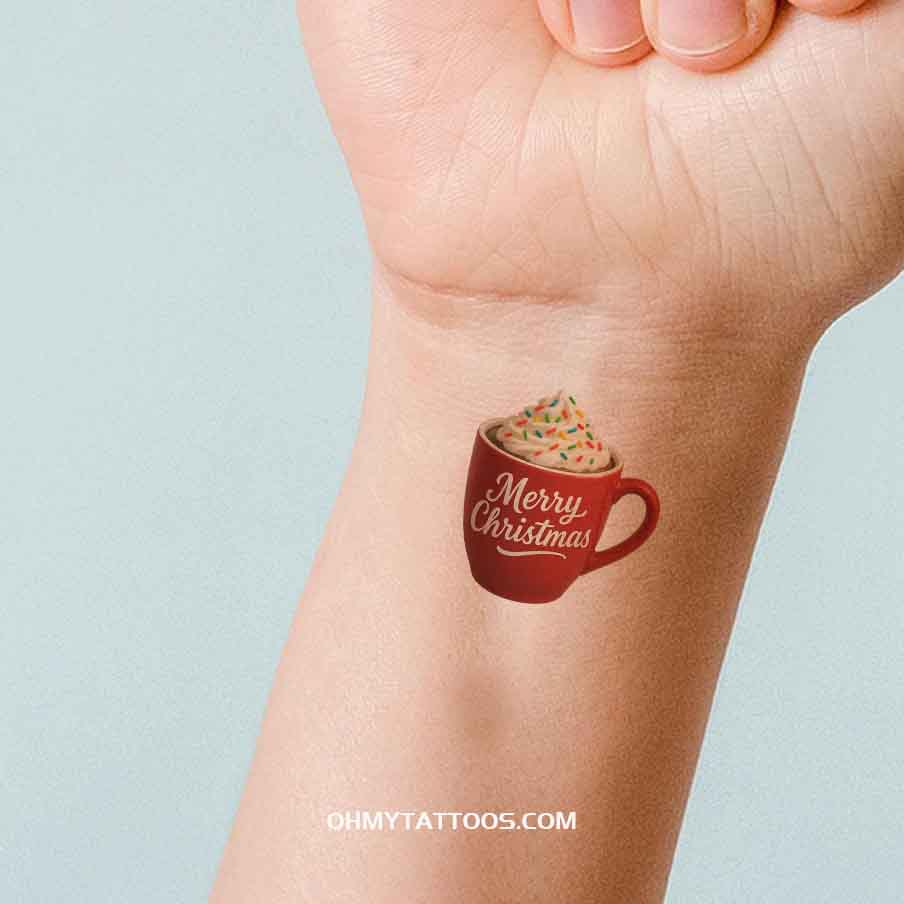 OHMYTATTOOS Merry Christmas Hot Chocolate Mug with Sprinkles Temporary Tattoo(Set of 3)