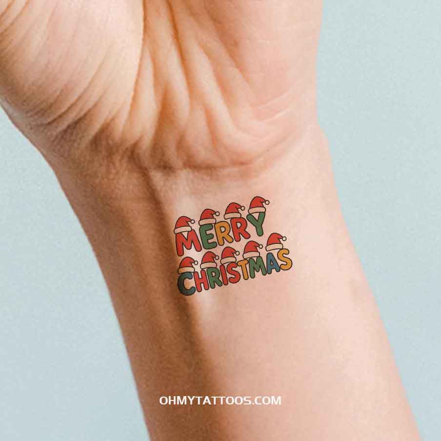 OHMYTATTOOS Merry Christmas with Santa Hat Temporary Tattoo(Set of 3)
