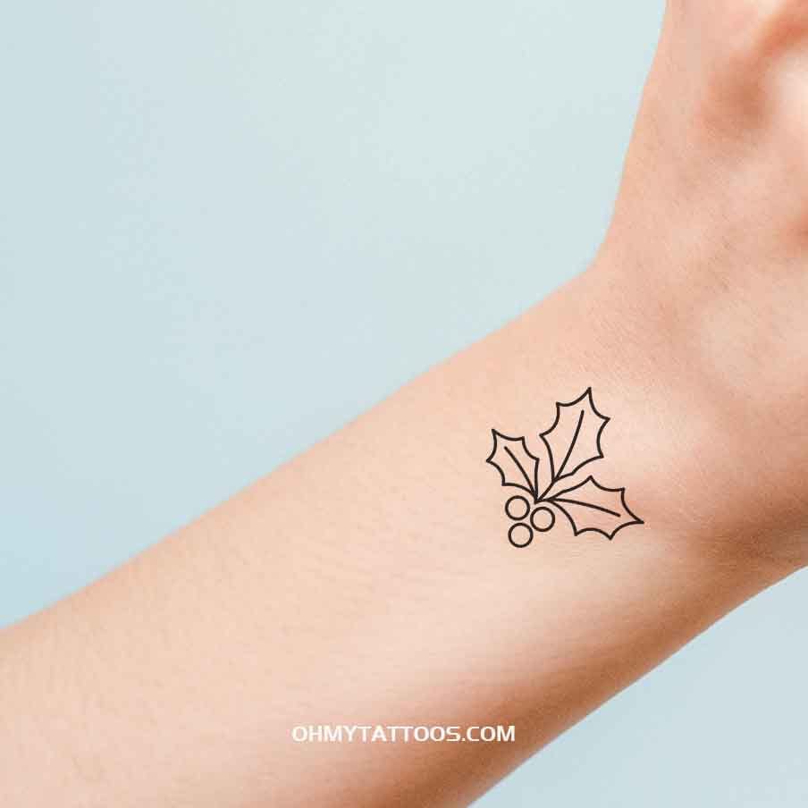 OHMYTATTOOS Minimalist Holly Leaves with Simple Outline Temporary Tattoo (Set of 3)