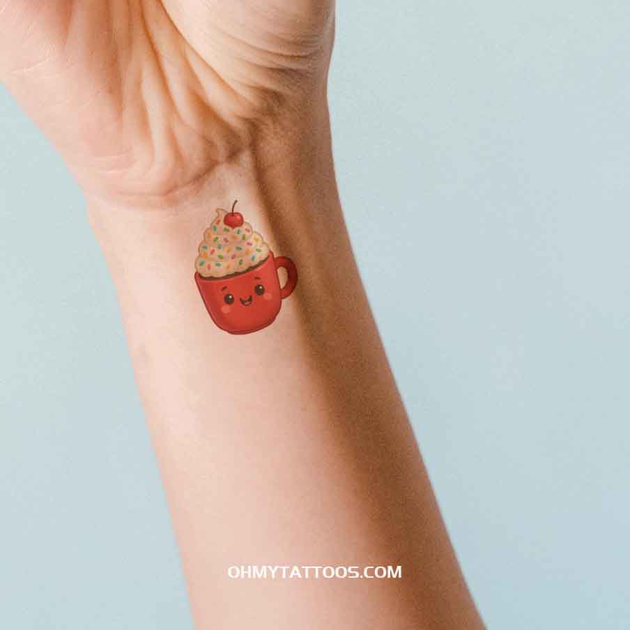 OHMYTATTOOS Playful Hot Chocolate Mug with Whipped Cream and Sprinkles Temporary Tattoo(Set of 3)