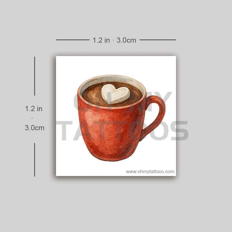 OHMYTATTOOS Red Watercolor Hot Chocolate Mug with Heart-Shaped Marshmallow Temporary Tattoo(Set of 3)