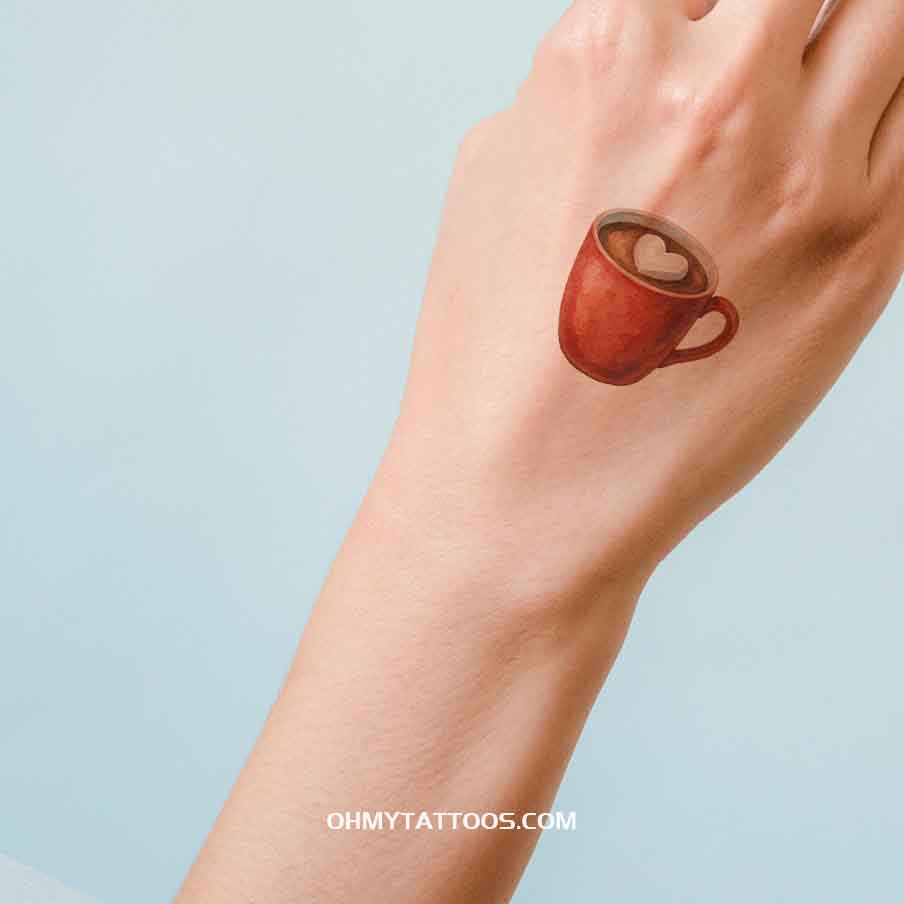 OHMYTATTOOS Red Watercolor Hot Chocolate Mug with Heart-Shaped Marshmallow Temporary Tattoo(Set of 3)