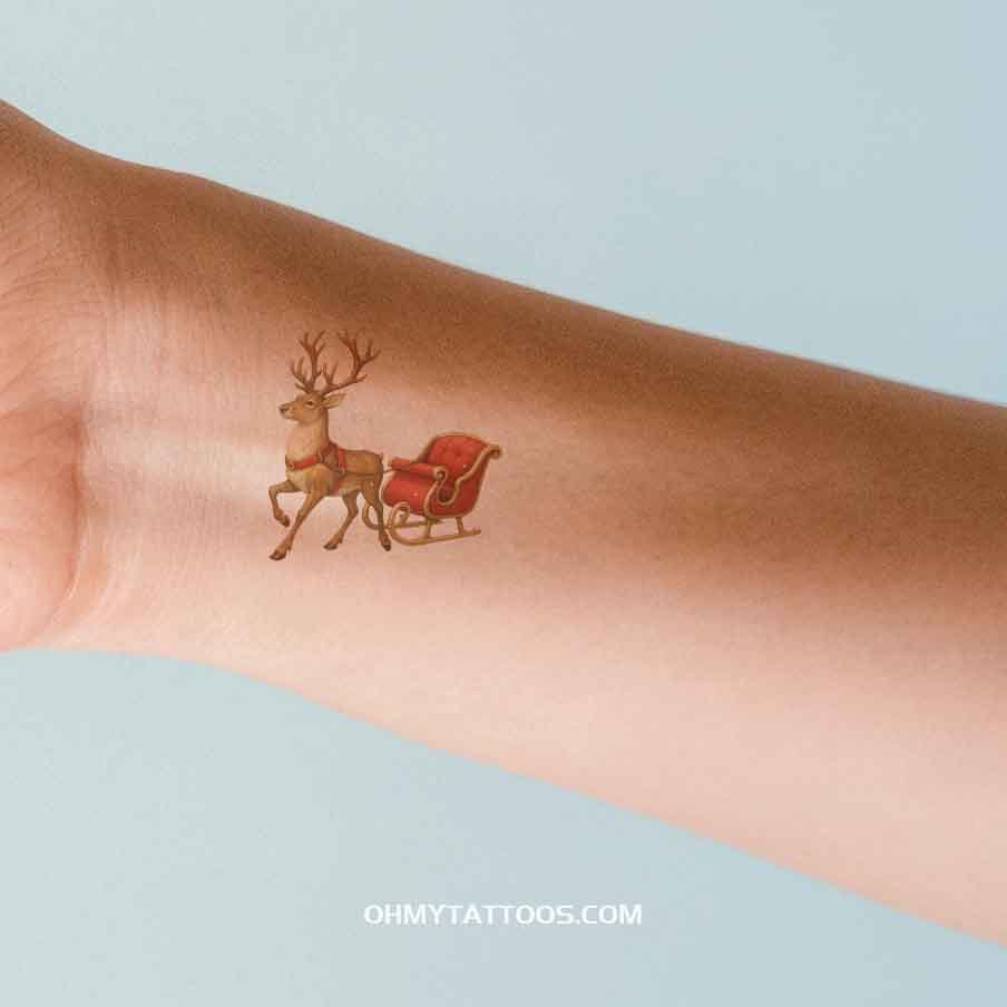 OHMYTATTOOS Reindeer and Sleigh Christmas Temporary Tattoo(Set of 3)