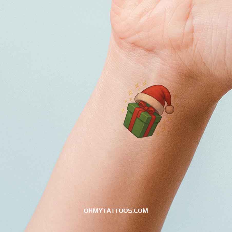 OHMYTATTOOS Santa Hat on Christmas Present Temporary Tattoo(Set of 3)