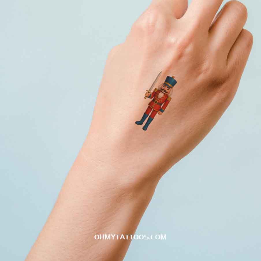 OHMYTATTOOS Traditional Nutcracker Soldier with Sword and Bright Red Uniform Temporary Tattoo(Set of 3)