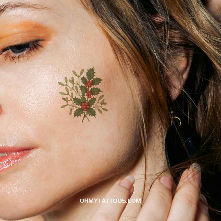 OHMYTATTOOS Vibrant Holly Leaves with Red Berries Temporary Tattoo(Set of 3)