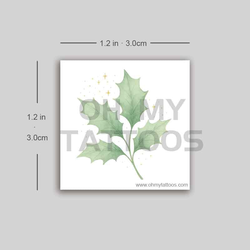 OHMYTATTOOS Watercolor Holly Leaves with Gold Sparkles Temporary Tattoo(Set of 3)