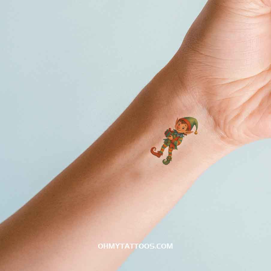 OHMYTATTOOS Whimsical Elf with Gift Christmas Temporary Tattoo(Set of 3)