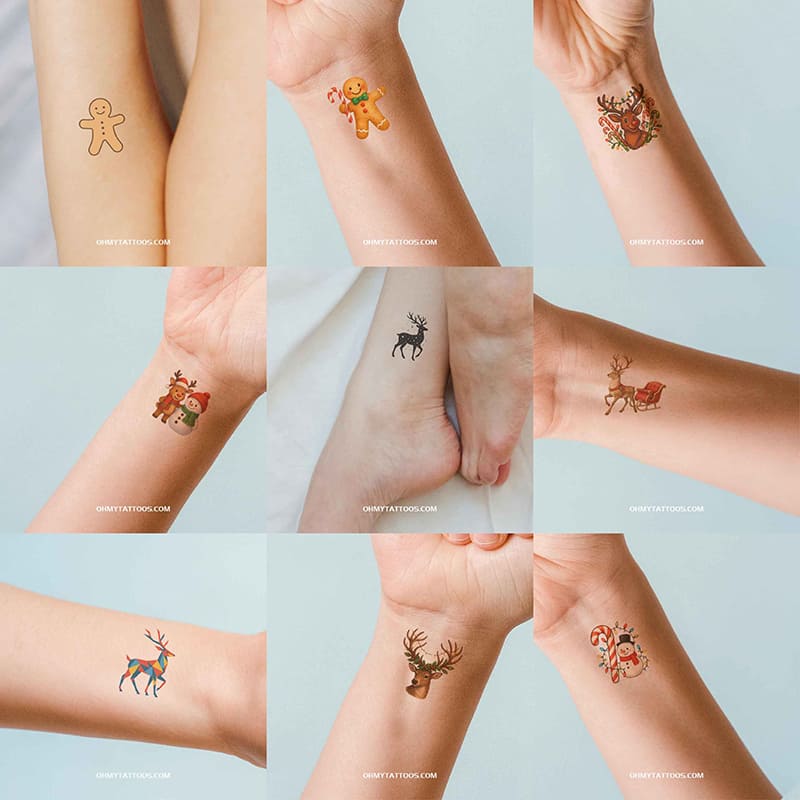 Christmas Holiday Cheer Temporary Tattoo Collection - 8 Sheets, 96 Designs