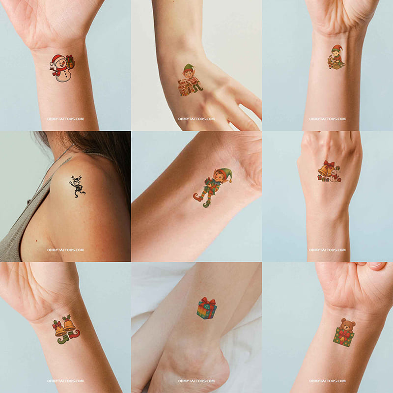 Christmas Holiday Cheer Temporary Tattoo Collection - 8 Sheets, 96 Designs