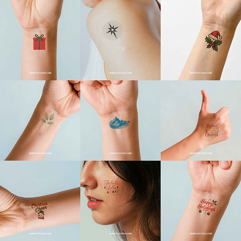 Christmas Holiday Cheer Temporary Tattoo Collection - 8 Sheets, 96 Designs