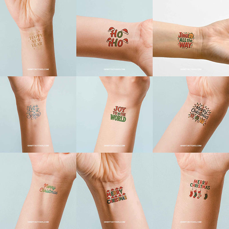 Christmas Holiday Cheer Temporary Tattoo Collection - 8 Sheets, 96 Designs